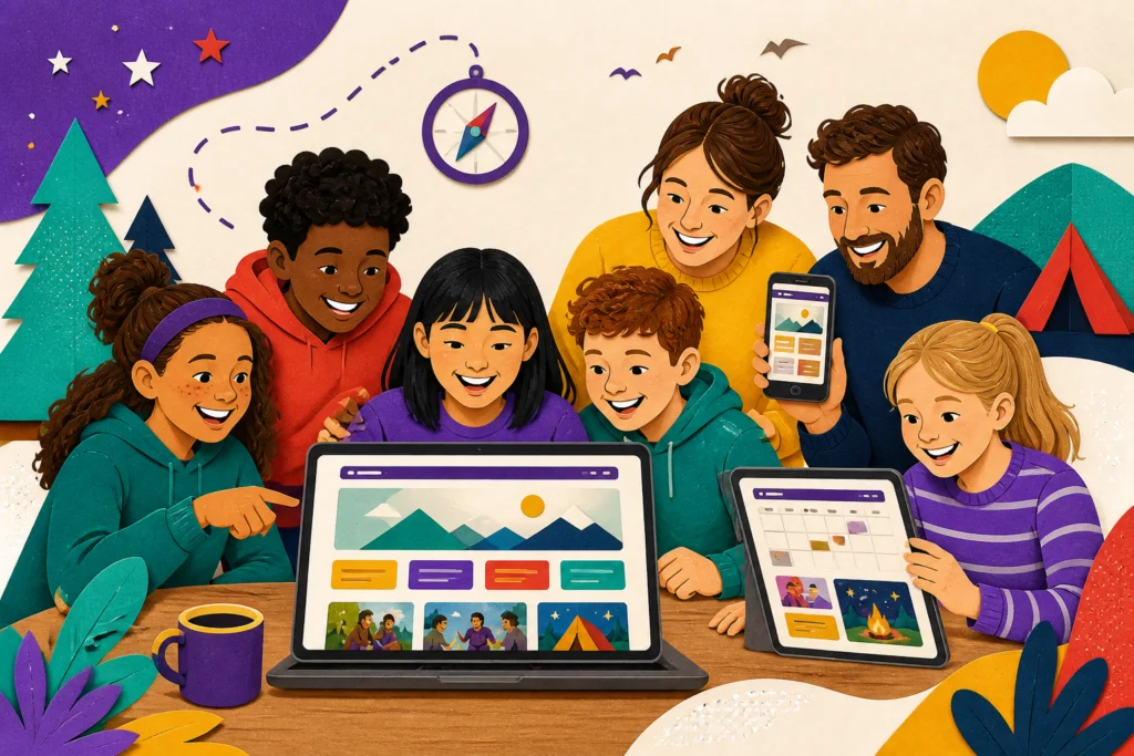 Families and young people exploring the new 7th Boston Swineshead Scouts website on a laptop, tablet and phone