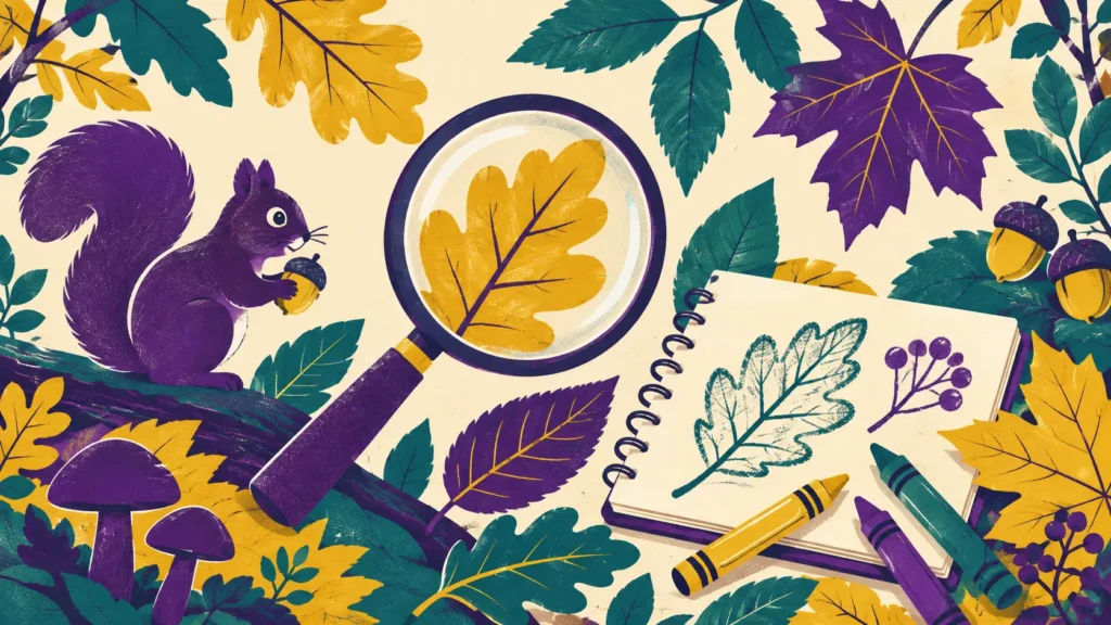 Illustration of a squirrel, autumn leaves, magnifying glass and sketchbook.