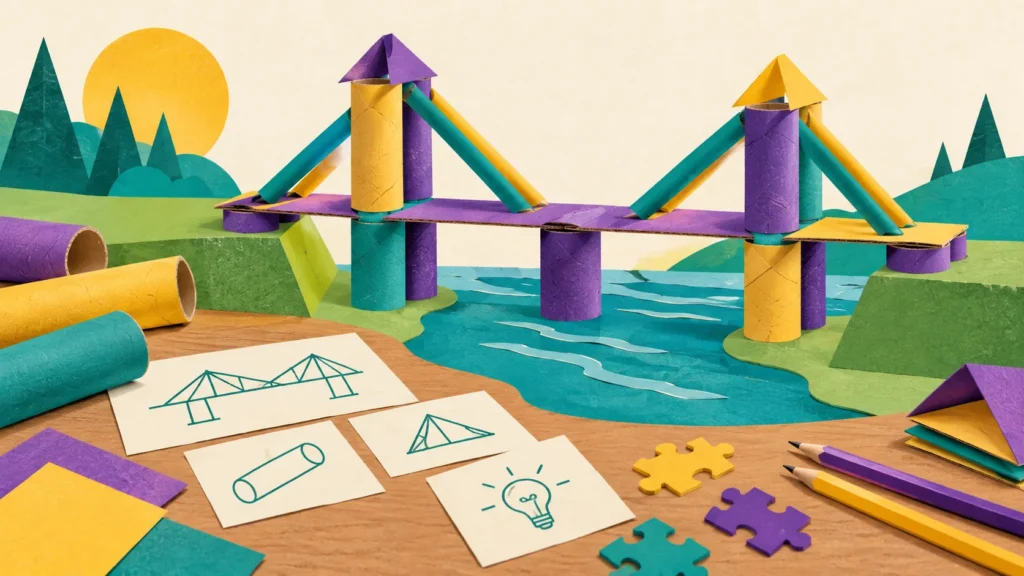 Illustration of a colourful cardboard bridge with planning sketches and puzzle pieces.
