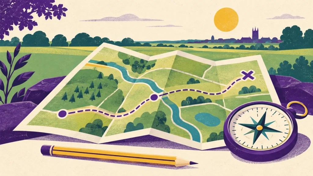 Illustration of a folded fictional map, compass and pencil overlooking fields.