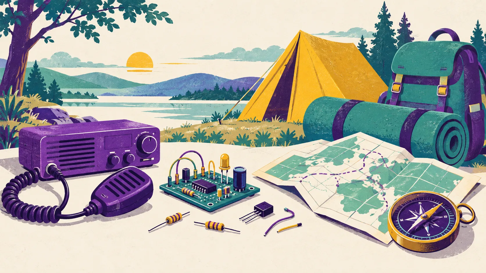 Illustration of a radio, electronic circuit, map, compass and camping equipment beside a tent.