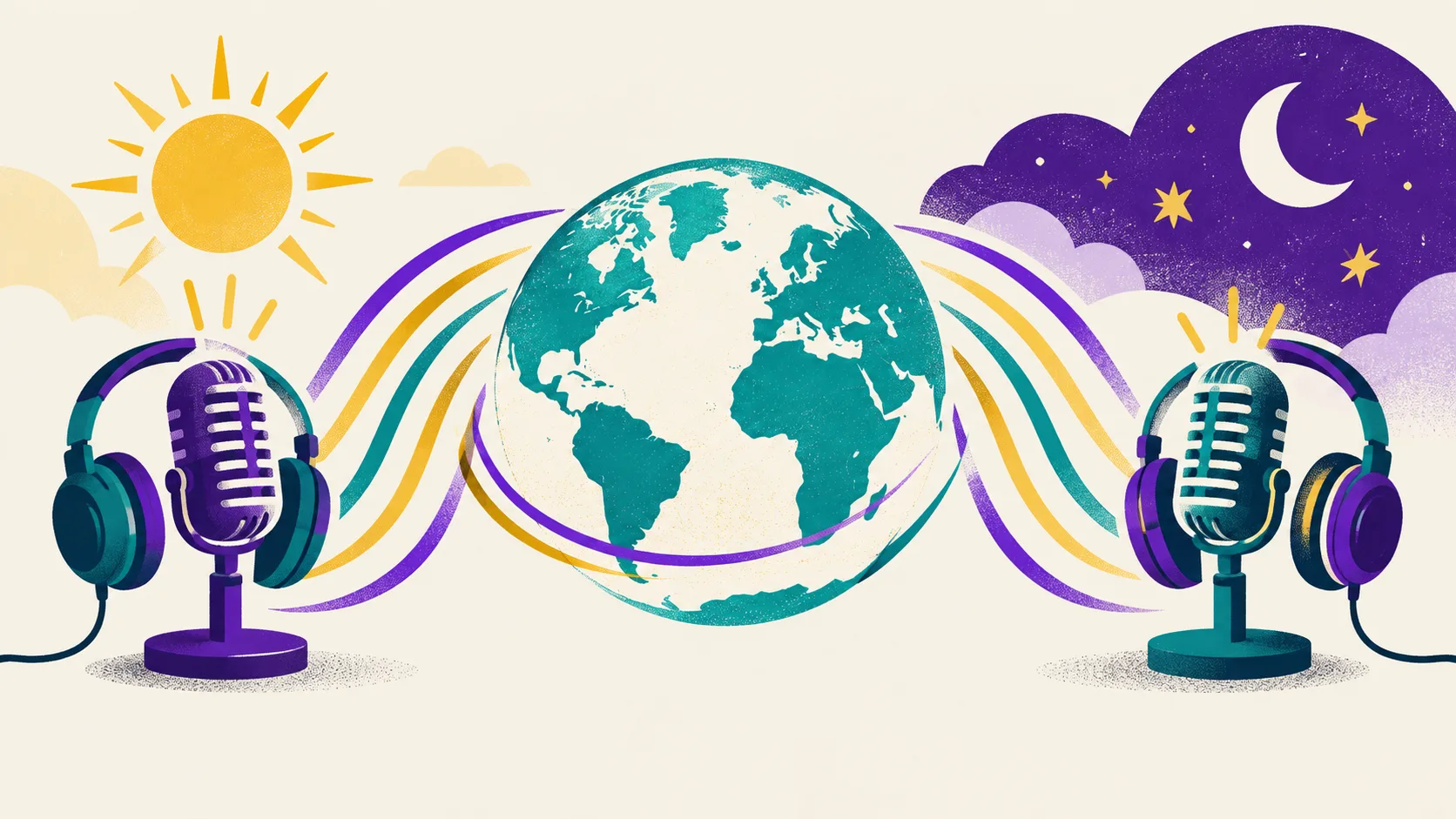 Two microphones and headphones linked around a globe, with a sun and moon representing different time zones.