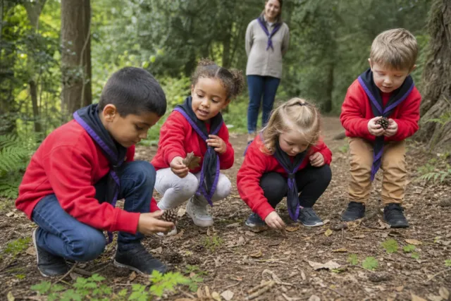 Squirrel Scouts aged four to six exploring a woodland nature trail in red uniforms