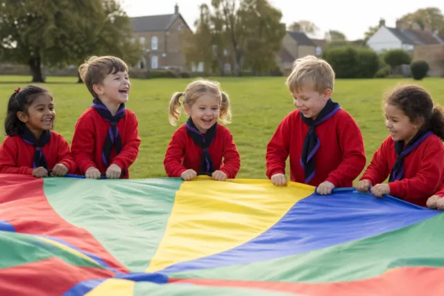 Squirrel Scouts aged four to six playing a colourful parachute game in red uniforms