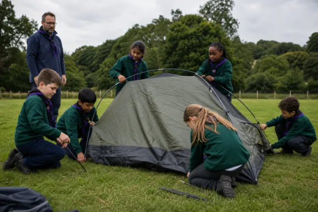Cub Scouts aged eight to ten working together to pitch a tent in green uniforms