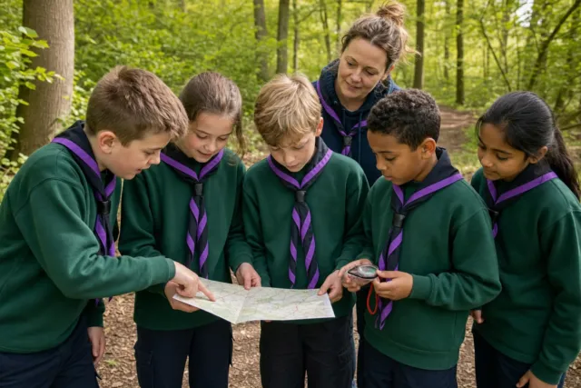 Cub Scouts aged eight to ten learning map and compass navigation in green uniforms