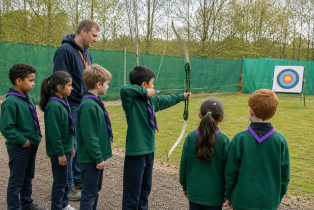 Cubs learning archery skills outdoors