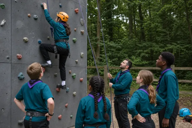 Scouts learning climbing skills together