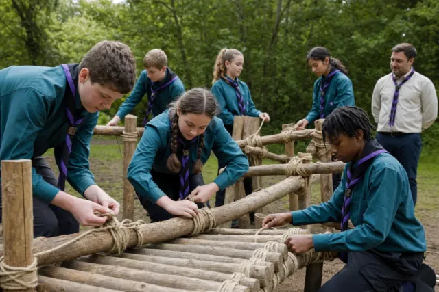 Scouts aged eleven to fourteen completing a pioneering rope challenge in dark teal uniforms
