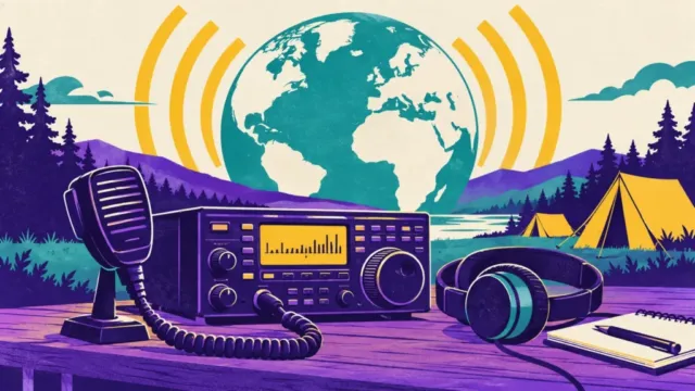 Illustration of an amateur radio, microphone and headphones beside tents, with radio waves around a globe.