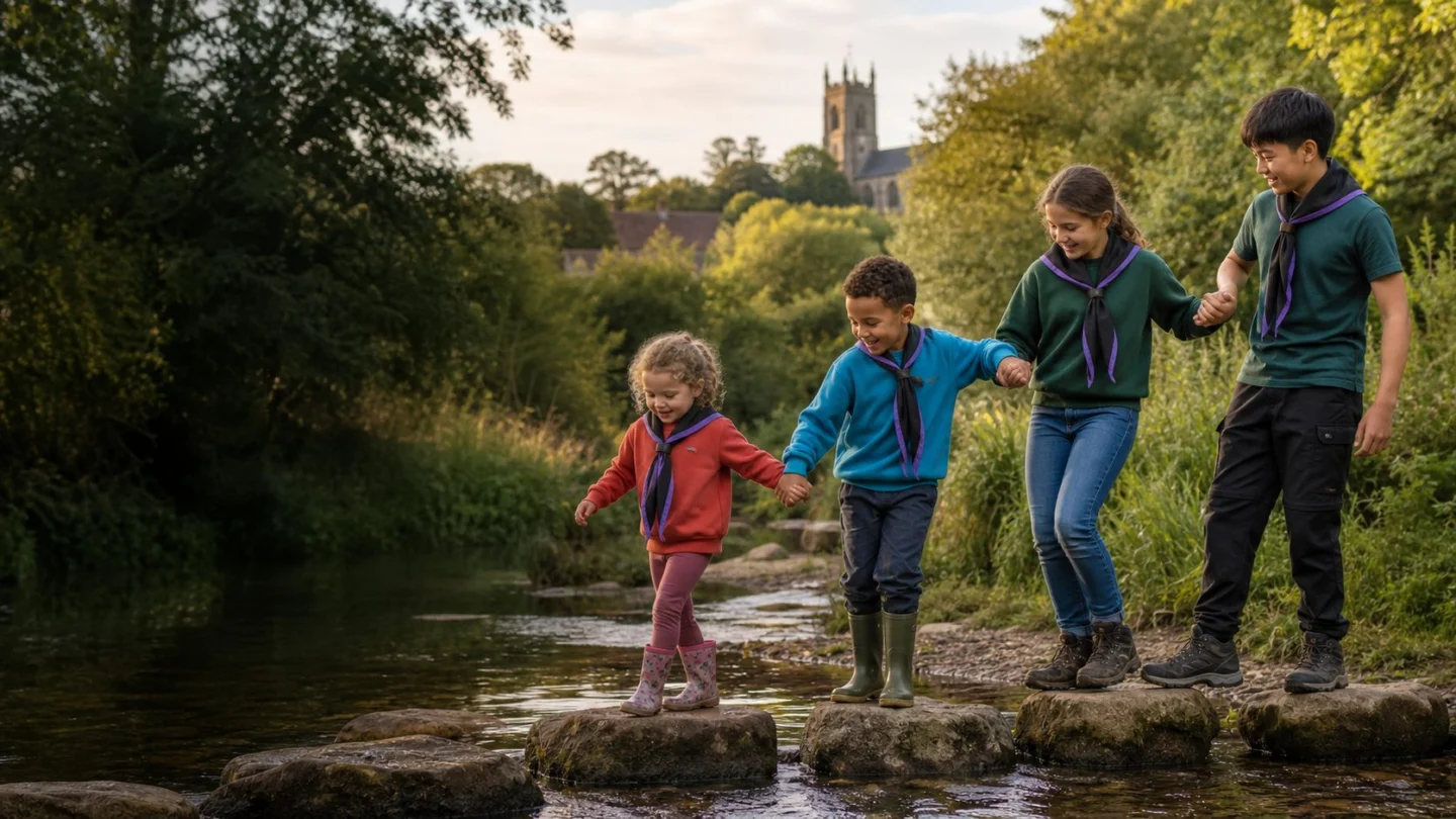 Young people from four Scout sections helping one another cross stepping stones