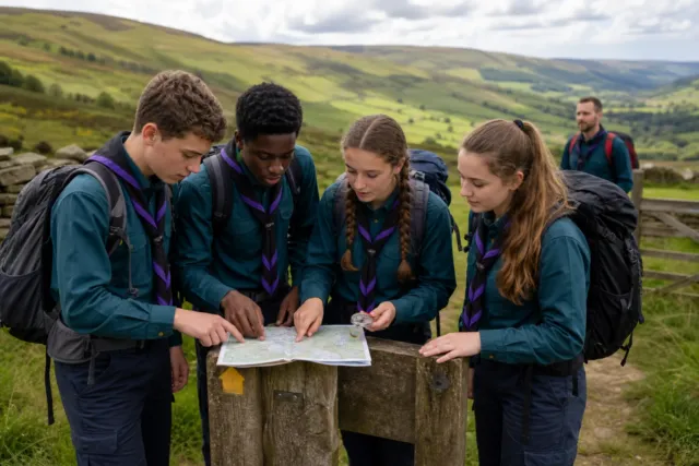 Scouts aged eleven to fourteen planning a countryside hike in dark teal uniforms