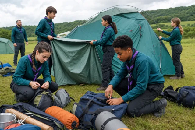 Scouts aged eleven to fourteen setting up camp in dark teal uniforms