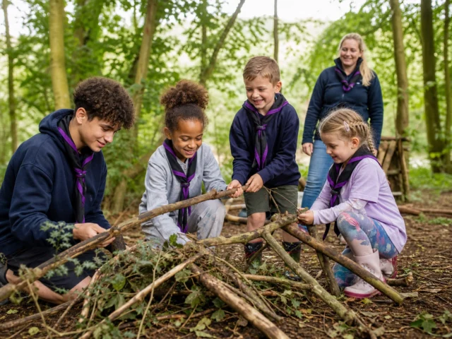 Young Scouts learning together outdoors