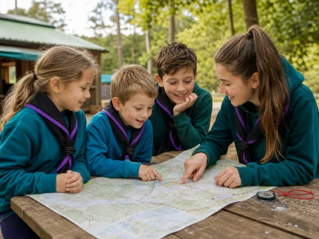 Young people from different Scout sections working together around a map