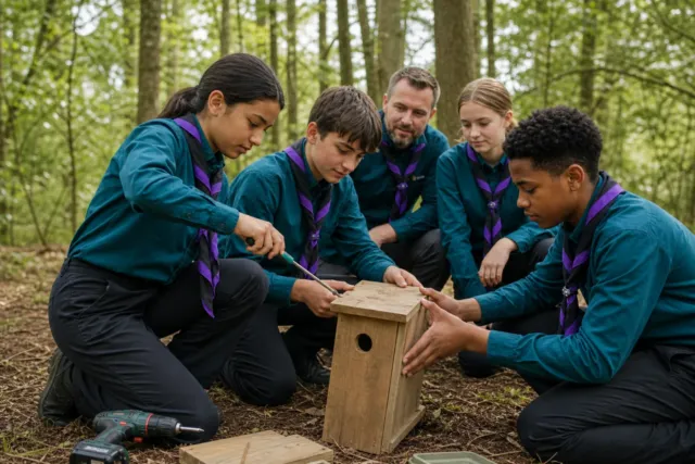 Scouts building a bird box for a conservation project