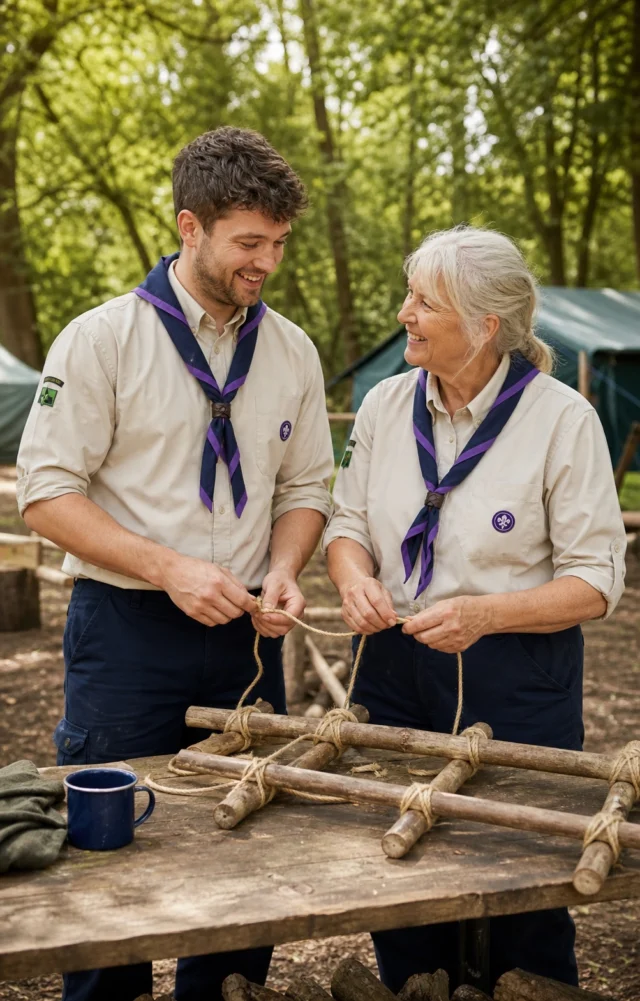Two adult Scout volunteers working together outdoors