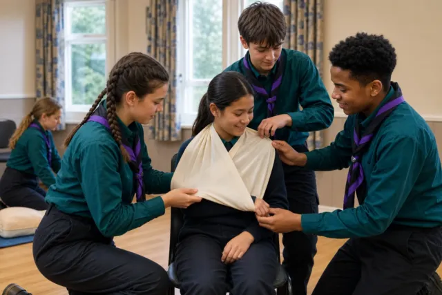 Scouts practising first aid and fitting an arm sling