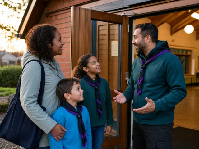 A Scout volunteer welcoming a parent and young people