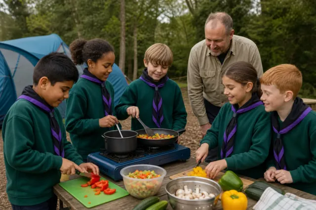 Cub Scouts aged eight to ten preparing and cooking a meal outdoors in green uniforms