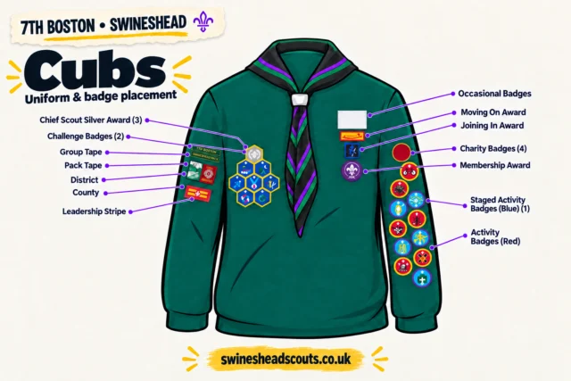 Cubs uniform and badge placement illustration for 7th Boston Swineshead, with the black necker edged in purple and green