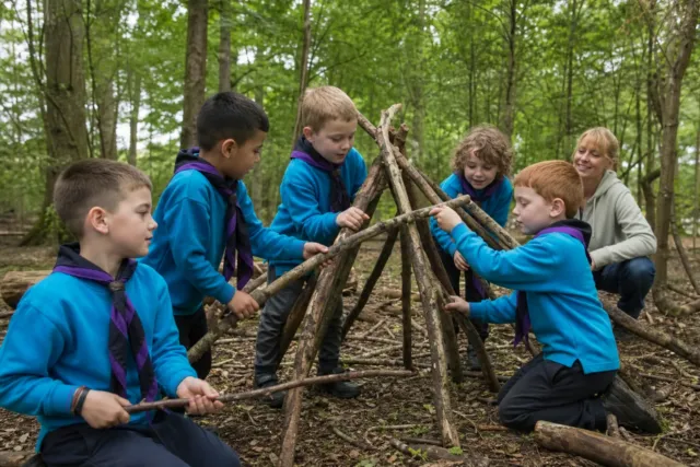 Beaver Scouts aged six to eight building a woodland shelter in turquoise uniforms