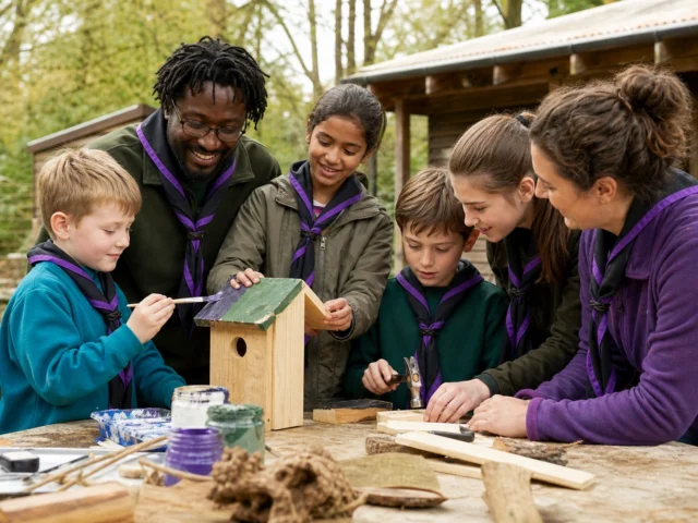 Adult volunteers helping young people build a bird box