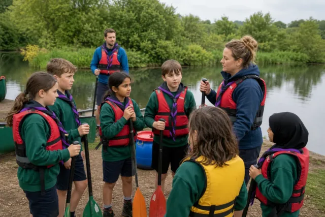 Cubs learning canoe skills on calm water