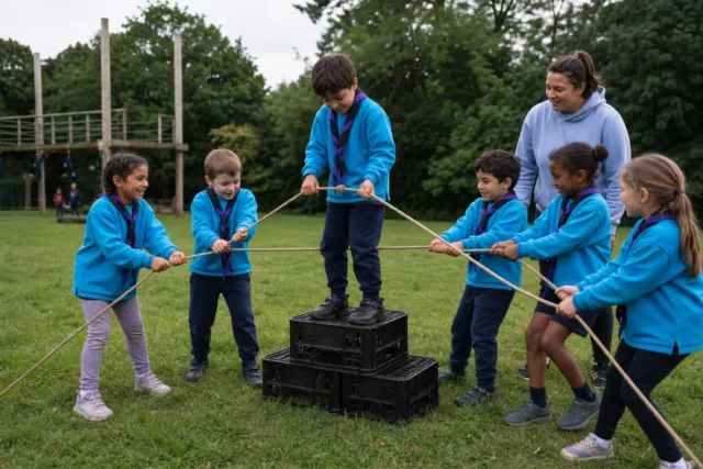 Beavers completing an outdoor team challenge