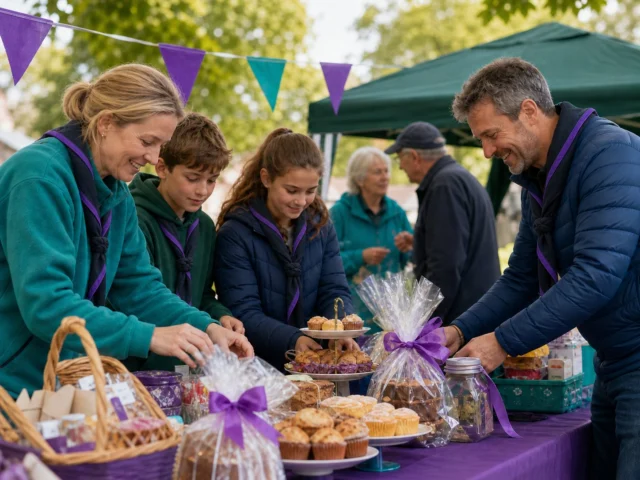 Adults and young people wearing black and purple neckers at a community fundraising stall